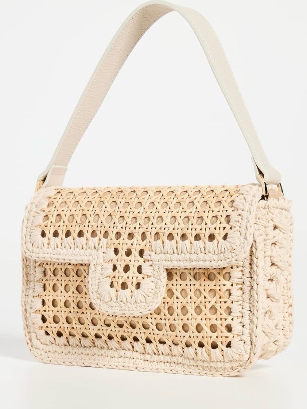 Caterina Bertini Cream Woven Crochet Shoulder Bag with Leather Strap